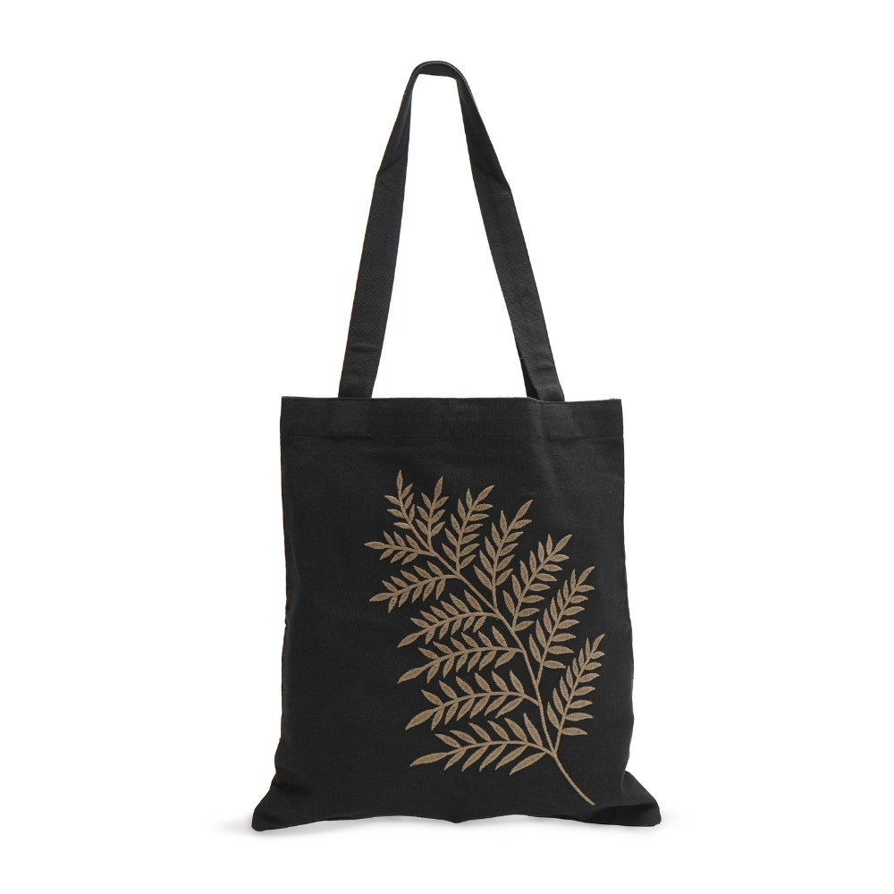 Handmade Black Cotton Duck Fabric Tote Bag with Leaf Embroidery Shoulder Bag | Gold Leaf