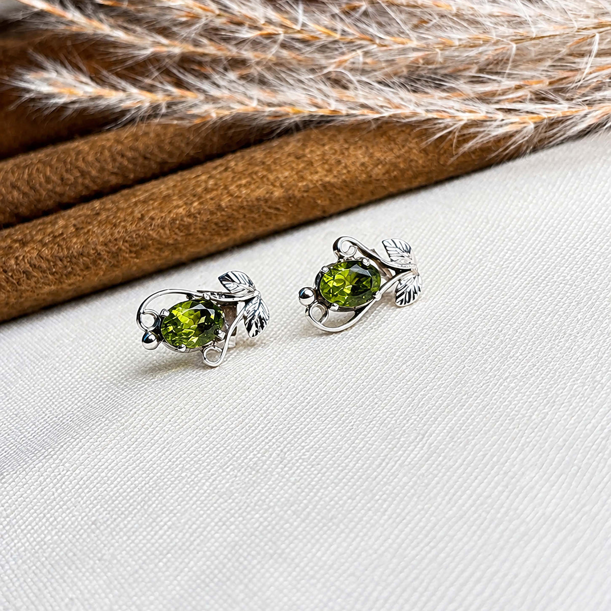 Prakriti - Peridot Silver Leaf Stud Earrings