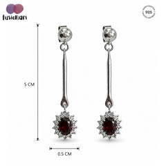 925 Sterling Silver Garnet Gemstone Long Drop Earrings with Floral Design