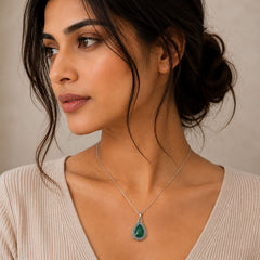 925 Sterling Silver Green Emerald Gemstone Pear Shape Pendant