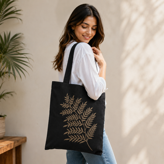 Handmade Black Cotton Duck Fabric Tote Bag with Leaf Embroidery Shoulder Bag | Gold Leaf