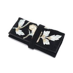 Handmade Embroidered Jewelry Storage Roll, Black Suede Fabric with Bugle Beads and Sequin Work