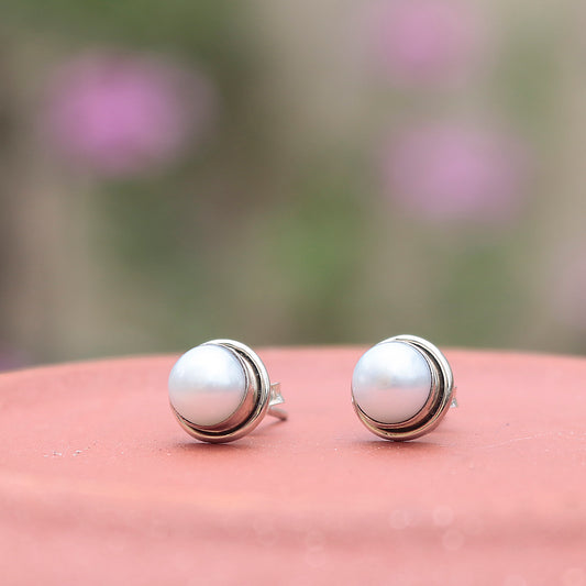 Fusionari 925 Sterling Silver Pearl Eartops for Women | Cream Gemstone Jewelry | Handcrafted Elegant Gift