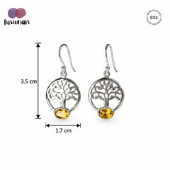 925 Silver Citrine Gemstone Earring Oval Cabochon in Bezel Setting with Tree Design and Hook Earwire
