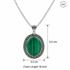 925 Sterling Silver Malachite Oval Pendant Cabochon Cut Ornate Scroll Frame Design
