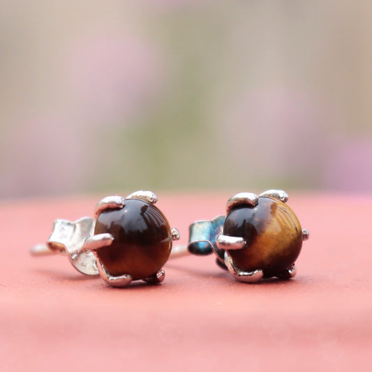 Fusionari 925 Sterling Silver Tiger Eye Eartops for Women | Brown Gemstone Jewelry | Handcrafted Boho Gift