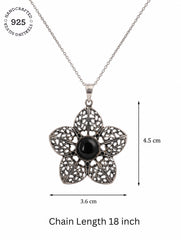 925 Sterling Silver Black Onyx Floral Pendant for Women Openwork Flower Design