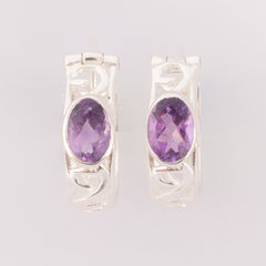 Fusionari 925 Sterling Silver Amethyst Earrings for Women | Handmade Natural Gemstone Jewelry | Healing Crystal Energy | Size 1.3x0.5 cm |  1 Pair