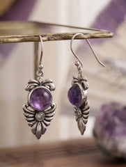 925 Sterling Silver Amethyst Gemstone Floral Drop Earrings