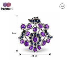 925 Sterling Silver Amethyst & Blue Sapphire Floral Pin, Purple Gemstone Brooch with Leaf Design for Women
