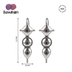 925 Sterling Silver Garnet Oxidized Drop Earrings for Women Geometric Design with Round Motifs and Dangling Details