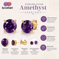 925 Sterling Silver Gold Plated  Amethyst Stud Earrings for Women | Gemstone Stud Eartop | Handmade Silver Jewelry | Elegant Daily Wear Gift