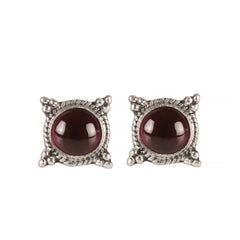 925 Sterling Silver Garnet Stud Earrings for Women | Rich Red Handmade Eartops | Festive & Daily Jewelry