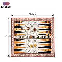 Backgammon Embroidery Fabric Game Mat with Wooden Coins and Dice, Traditional Portable Board Game