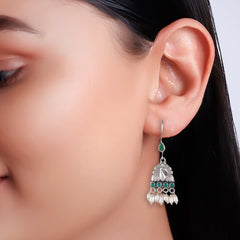 Fusionari 925 Sterling Silver Earrings with Emerald Stone | Handmade Minimalist Jewelry | Elegant Timeless Design | Size 6x2.5 cm | One Pair