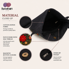 Handmade Floral Crossbody Black Bag made from Dupion & cotton Duck Fabric with Embroidery For Women & Girls