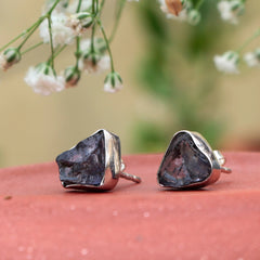 Fusionari 925 Silver Raw Iolite Stud Earrings | Handmade Natural Stone: Uncut Iolite Stone | Lightweight Women’s Jewelry