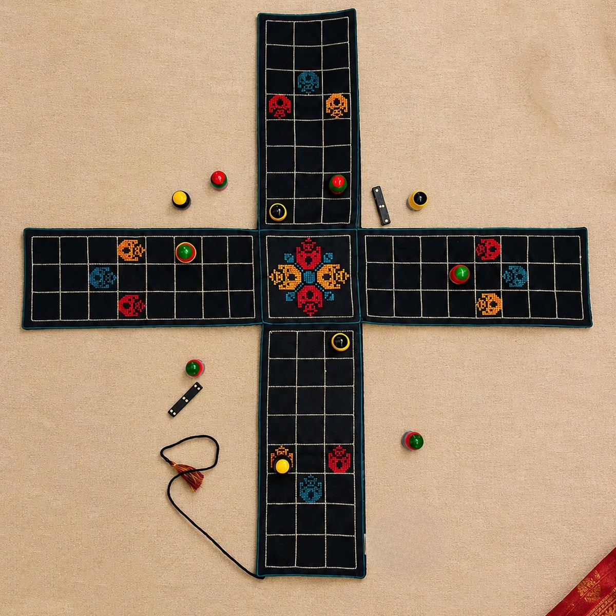 Ancient Traditional Board game "CHAUPAD" also called chausar with embroidery on cotton fabric with playing dices & wooden coins in a pouch