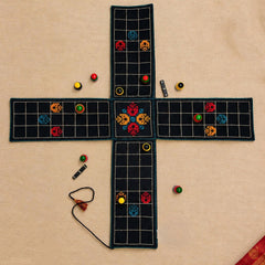 Ancient Traditional Board game "CHAUPAD" also called chausar with embroidery on cotton fabric with playing dices & wooden coins in a pouch