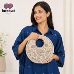 Traditional Beige Suede Round Handbag with Floral Embroidery, Gota Patti & Sequin Work