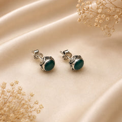 FUSIONARI 925 Sterling Silver Green Onyx Gemstone Round Stud Earrings
