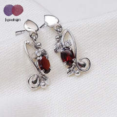 925 Sterling Silver Garnet gemstone Dangle Drop Floral Design Lightweight Earrings