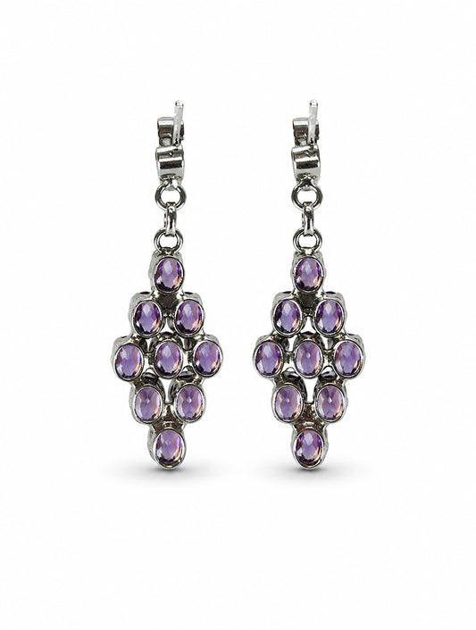 925 Sterling Silver 10 Amethyst Gemstone Diamond Shaped Drop Earrings