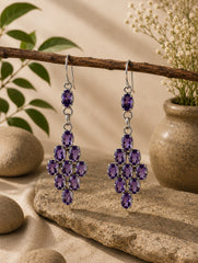 925 Sterling Silver 10 Amethyst Gemstone Diamond Shaped Drop Earrings