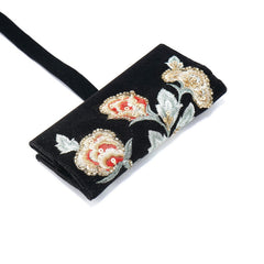 Handmade Embroidered Jewelry Storage Roll, Black Suede Fabric with Bugle Beads and Sequin Work