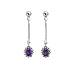 925 Sterling Silver Amethyst Gemstone Long Drop Earrings with Floral Design