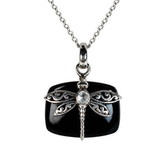 925 Silver Handmade Black Onyx & Quartz Oval Pendant Dragonfly Design