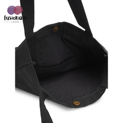 Handmade Black Cotton Duck Fabric Tote Bag with Leaf Embroidery Shoulder Bag | Gold Leaf