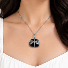 925 Silver Handmade Black Onyx & Quartz Oval Pendant Dragonfly Design
