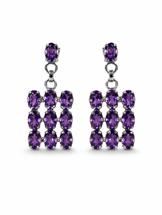 925 Sterling Silver 10 Amethyst Gemstone Square Shaped Drop Earrings