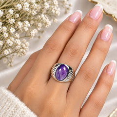 925 Silver Ring Amethyst Oval Gemstone Cabochon Bezel Setting