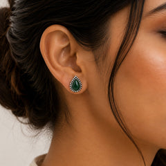 FUSIONARI 925 Sterling Silver Green Onyx Pear Teardrop Stud Earrings