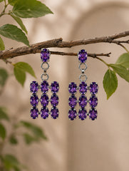 925 Sterling Silver 10 Amethyst Gemstone Square Shaped Drop Earrings