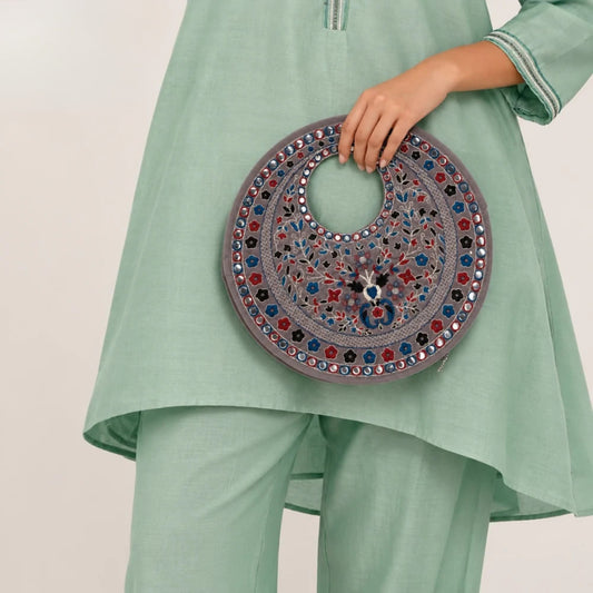 Gray Suede Floral Embroidered Round Handbag, Hand Purse, Clutches with Patra Mirror Work for Women & Girls