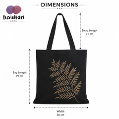 Handmade Black Cotton Duck Fabric Tote Bag with Leaf Embroidery Shoulder Bag | Gold Leaf