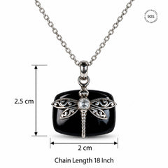925 Silver Handmade Black Onyx & Quartz Oval Pendant Dragonfly Design