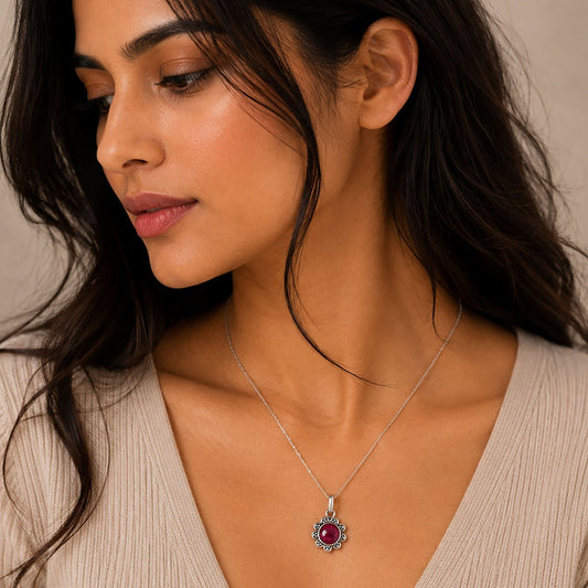925 Sterling Silver Ruby Gemstone Flower Pendant for Women