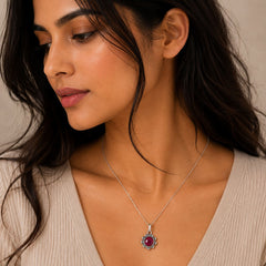 925 Sterling Silver Ruby Gemstone Flower Pendant for Women