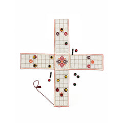 Traditional Board Game “PACHISI” Embroidered Cotton Fabric Mat with Wooden Playing Coins, Dice and Storage Pouch, Classic Indian Tabletop Game