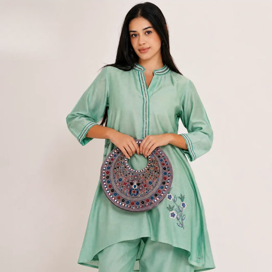 Gray Suede Floral Embroidered Round Handbag, Hand Purse, Clutches with Patra Mirror Work for Women & Girls
