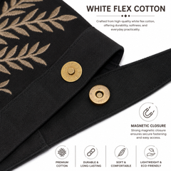 Handmade Black Cotton Duck Fabric Tote Bag with Leaf Embroidery Shoulder Bag | Gold Leaf