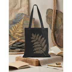 Handmade Black Cotton Duck Fabric Tote Bag with Leaf Embroidery Shoulder Bag | Gold Leaf