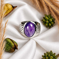 925 Silver Ring Amethyst Oval Gemstone Cabochon Bezel Setting