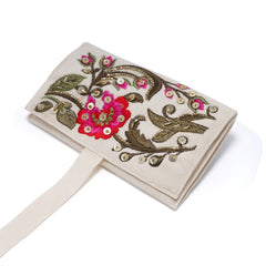 Handmade Embroidered Jewelry Storage Roll, White Suede Fabric with Bugle Beads and Sequin Work for Rings