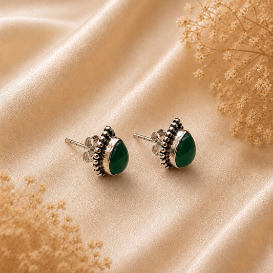 925 Sterling Silver Green Onyx Eartops Pear Teardrop Stud Handmade Jewelry Design