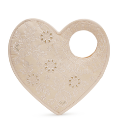 Heart Shape Handbag, Off White Poly Suede Fabric with Handmade Floral Embroidery and Gota Patti Work